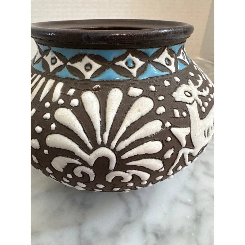 Neofitou Keramik Rhodes Greece Hand Painted Deer Pottery Vase Brown Blue White